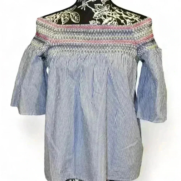 BeachLunchLounge Off The Shoulder Blouse L Multicolor Striped Bell Sleeve - Picture 1 of 6
